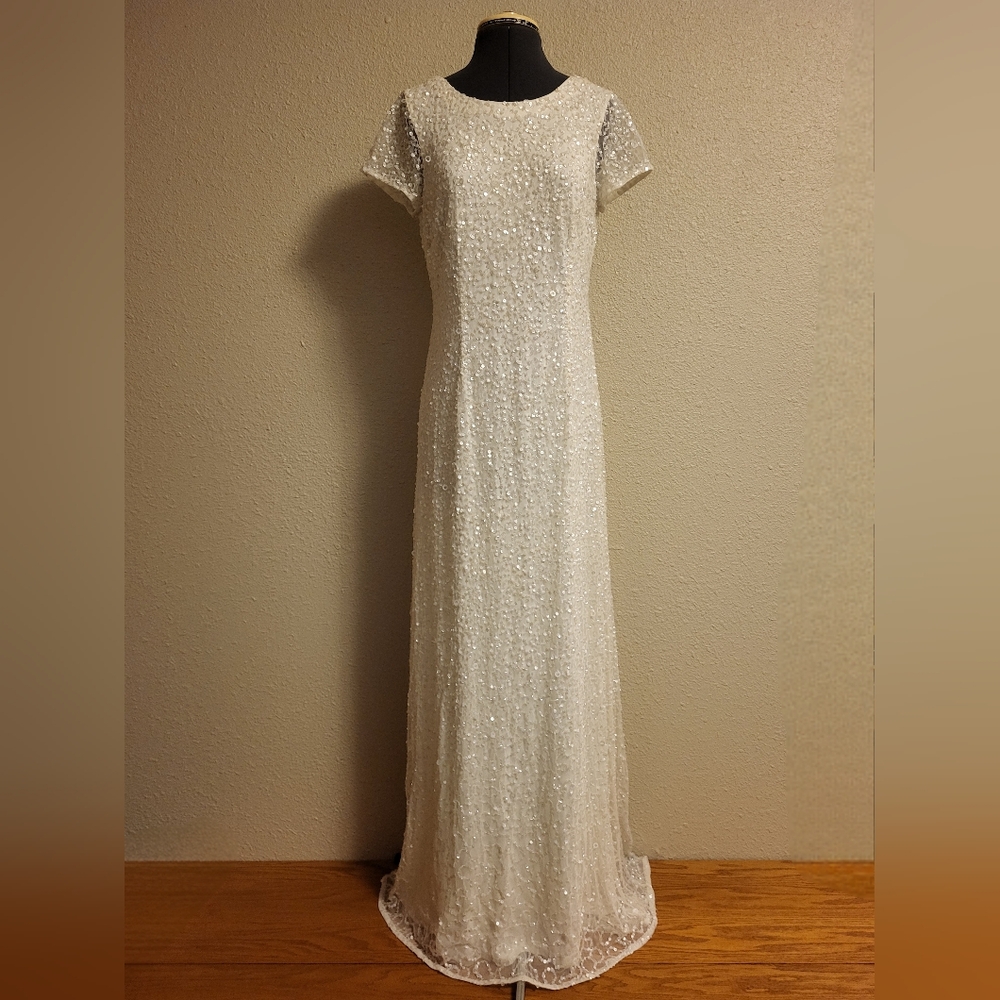 DB Studio White Cap Sleeve Long Sequin Wedding Dress Size 10